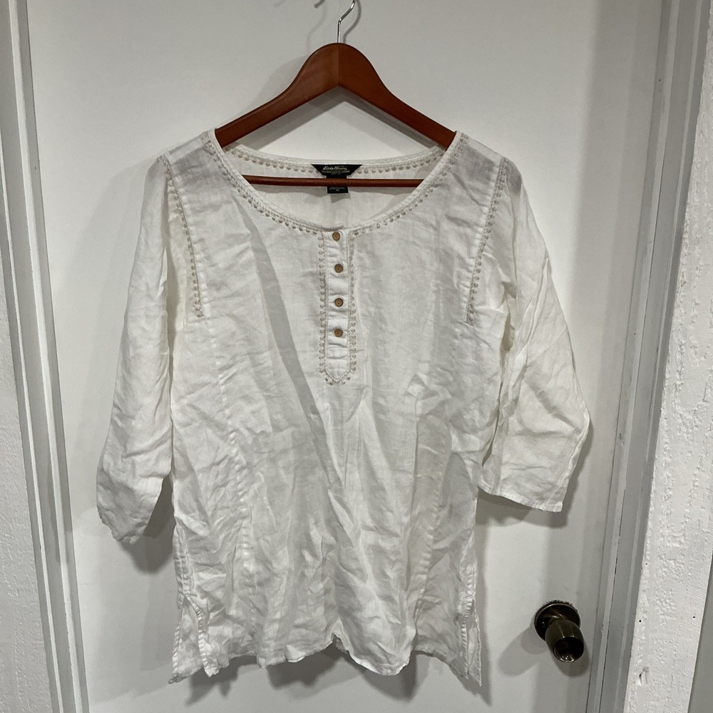 Eddie Bauer Linen Tunic, Embroidered, White, 3/4 Sleeve, Scoop Neck, XL
